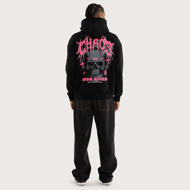 Model wears Glitch Oversized Hoodie Jet Black Hoodies in Black - Image 6