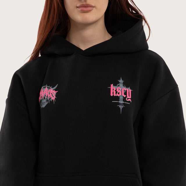 Model wears Glitch Oversized Hoodie Jet Black Hoodies in Black - Image 10