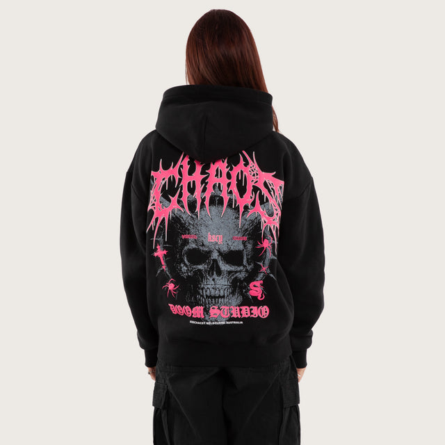 Model wears Glitch Oversized Hoodie Jet Black Hoodies in Black - Image 2