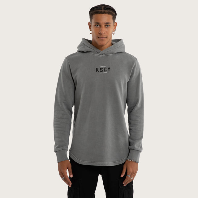 Model wears Void Curved Hem Hoodie in Grey Hoodies in Grey - Image 1