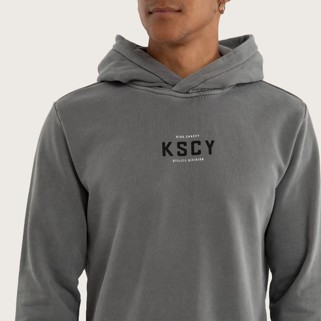 Model wears Void Curved Hem Hoodie in Grey Hoodies in Grey - Image 3