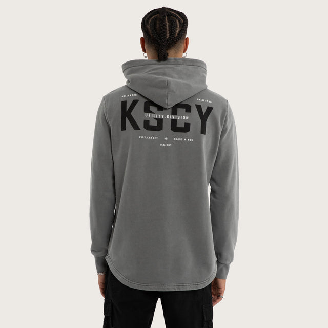 Model wears Void Curved Hem Hoodie in Grey Hoodies in Grey - Image 2