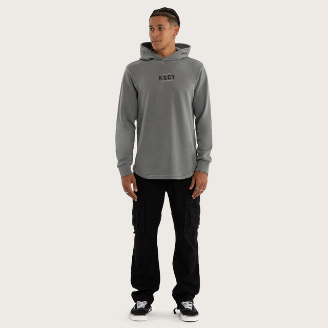 Model wears Void Curved Hem Hoodie in Grey Hoodies in Grey - Image 5
