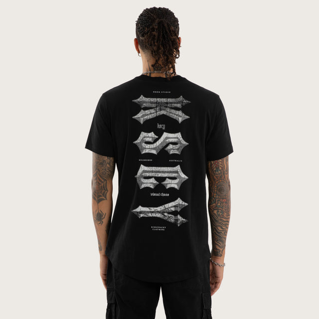Model wears Encryption Curved Hem Tee Jet Black T-Shirts in Black - Image 2