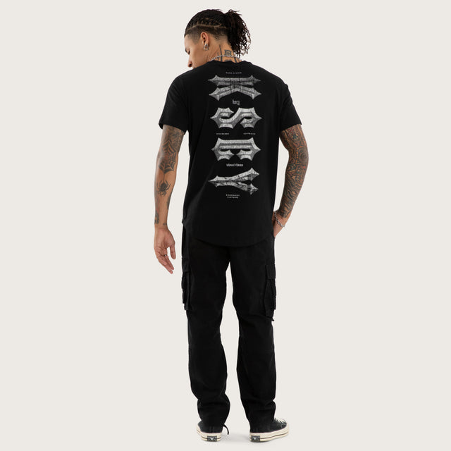 Model wears Encryption Curved Hem Tee Jet Black T-Shirts in Black - Image 4