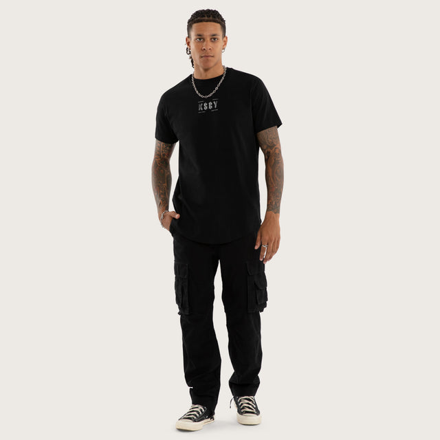 Model wears Encryption Curved Hem Tee Jet Black T-Shirts in Black - Image 5