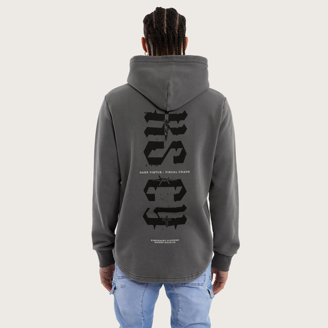Model wears Existence Dual Curved Hoodie Pigment Charcoal Hoodies in Grey - Image 2