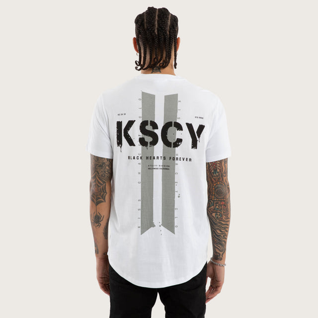 Model wears Inferno Curved Hem Tee Optical White T-Shirts in White - Image 2