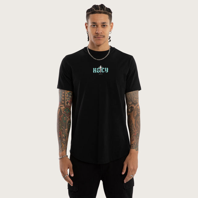 Model wears Exist Curved Hem Tee Jet Black T-Shirts in Black - Image 2