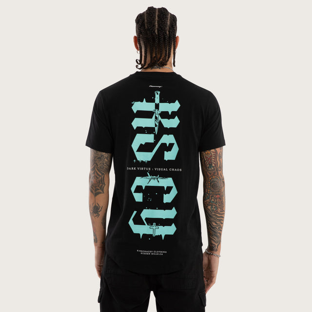 Model wears Exist Curved Hem Tee Jet Black T-Shirts in Black - Image 1