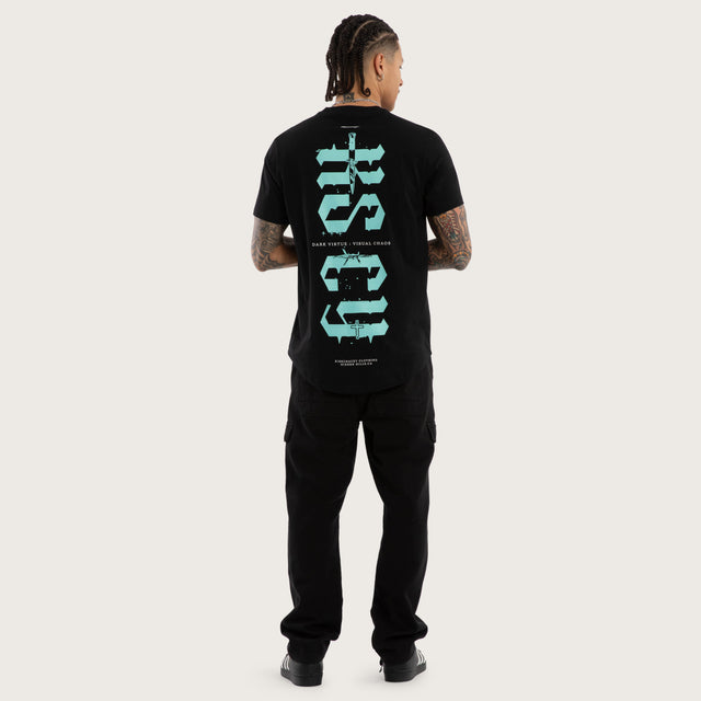 Model wears Exist Curved Hem Tee Jet Black T-Shirts in Black - Image 4
