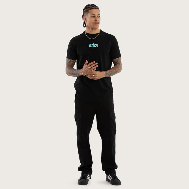 Model wears Exist Curved Hem Tee Jet Black T-Shirts in Black - Image 5