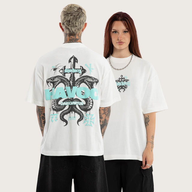 Model wears Despair Street Tee Natural White T-Shirts in White - Image 1
