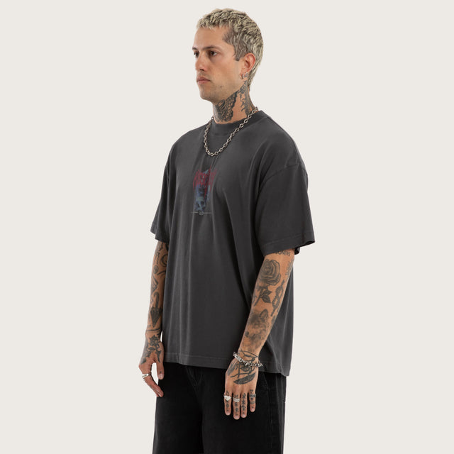 Model wears Destruction Box Fit Tee Grey T-Shirts in Grey - Image 4