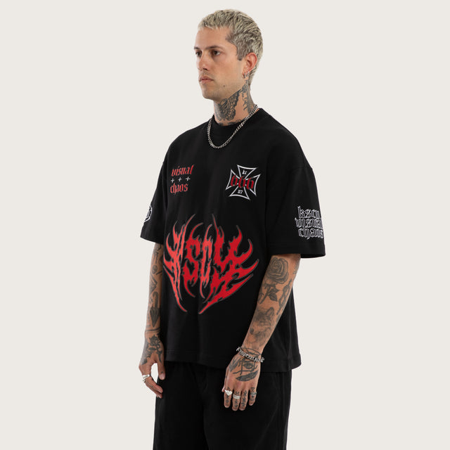 Model wears Ruins Cotton Loopback Box Fit Tee Black T-Shirts in Black - Image 3