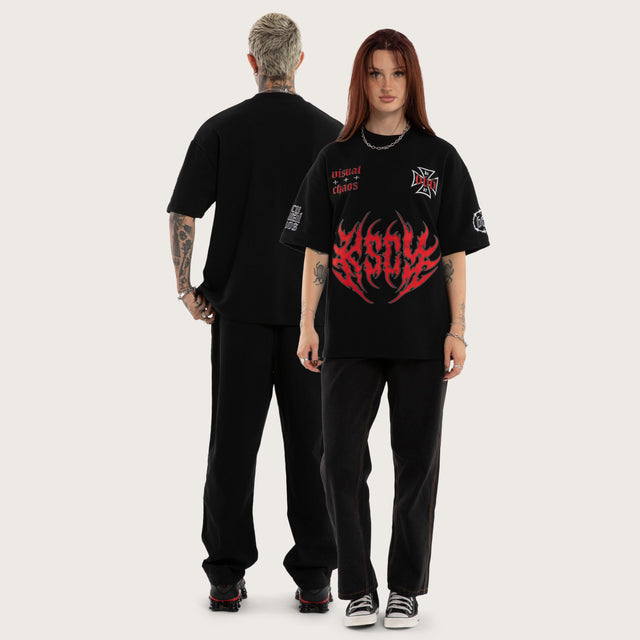 Model wears Ruins Cotton Loopback Box Fit Tee Black T-Shirts in Black - Image 5