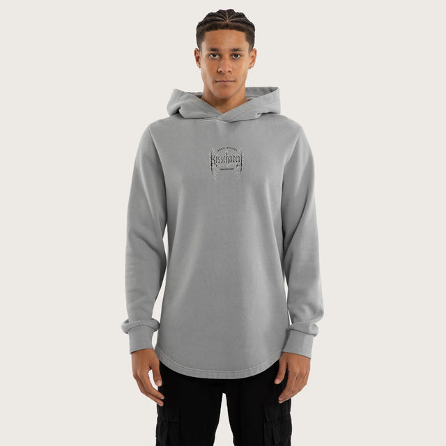 Model wears Sustain Curved Hem Hoodie Grey Hoodies in Grey - Image 1