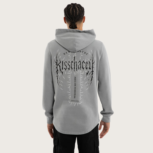 Model wears Sustain Curved Hem Hoodie Grey Hoodies in Grey - Image 2