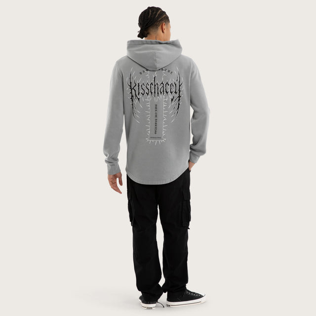 Model wears Sustain Curved Hem Hoodie Grey Hoodies in Grey - Image 4