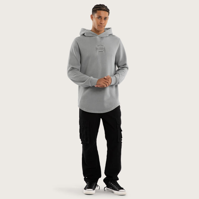 Model wears Sustain Curved Hem Hoodie Grey Hoodies in Grey - Image 5