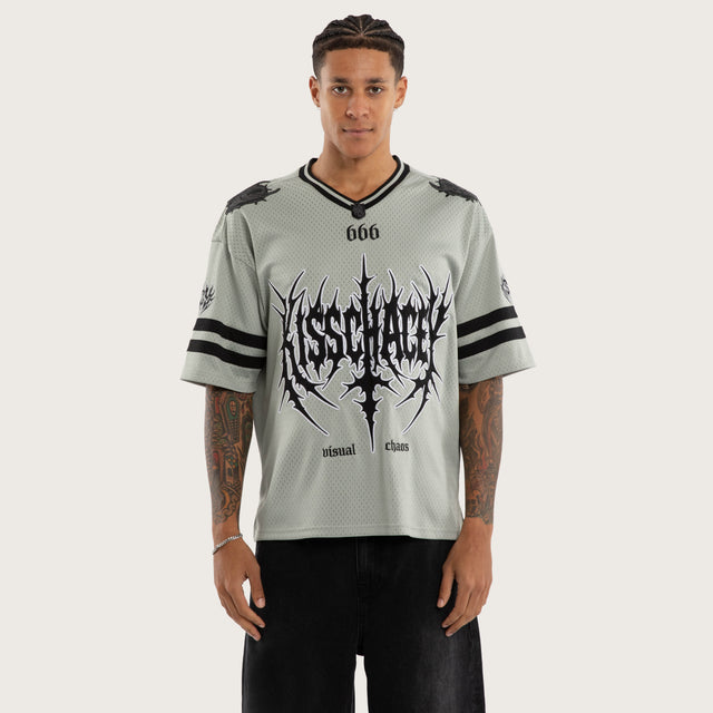 Model wears Dystopian Mesh Jersey Grey Jerseys in Grey - Image 2