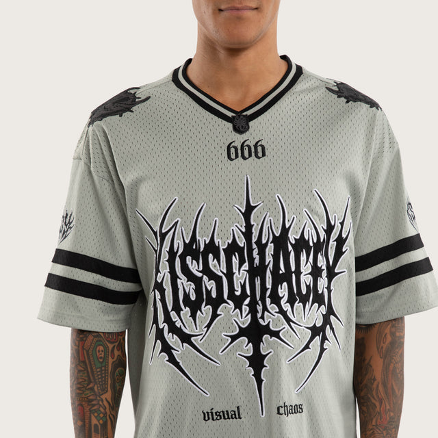 Model wears Dystopian Mesh Jersey Grey Jerseys in Grey - Image 3