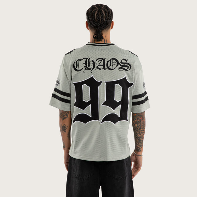 Model wears Dystopian Mesh Jersey Grey Jerseys in Grey - Image 1