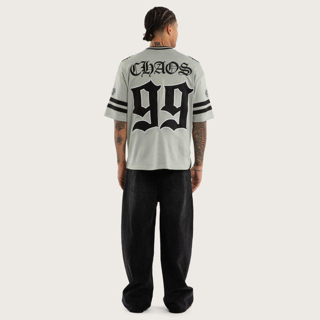 Model wears Dystopian Mesh Jersey Grey Jerseys in Grey - Image 4