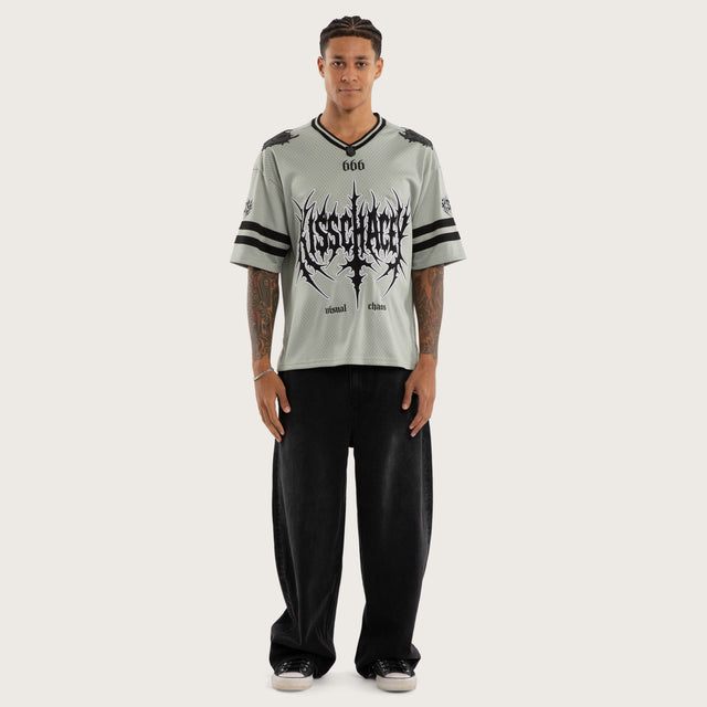Model wears Dystopian Mesh Jersey Grey Jerseys in Grey - Image 5