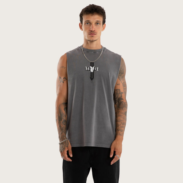 Model wears Infernal Relaxed Fit Muscle Pigment Charcoal Muscle Tees Grey – image 2