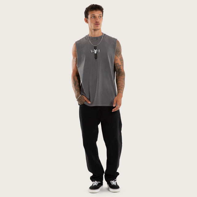 Model wears Infernal Relaxed Fit Muscle Pigment Charcoal Muscle Tees Grey – image 5