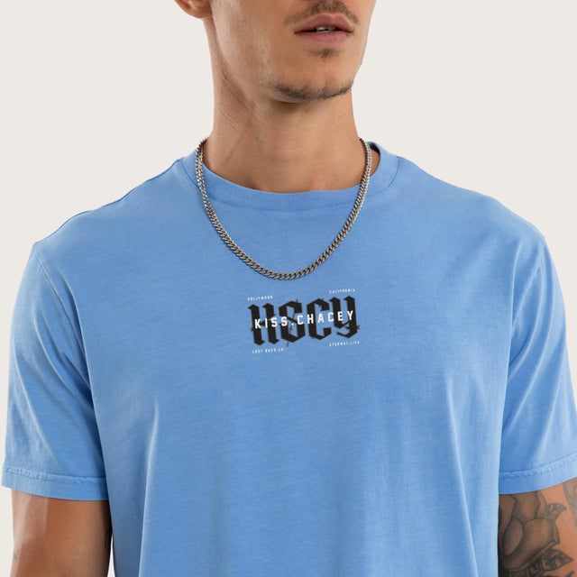 Model wears Severance Dual Curved Tee Pigment Corn Flower T-Shirts Blue – image 3