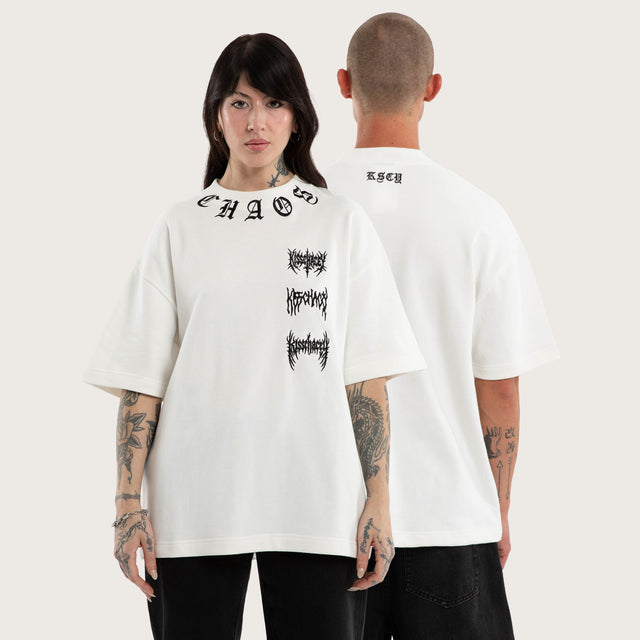 Model wears Cyber Cotton Loopback Box Fit Tee White T-Shirts in White - Image 1