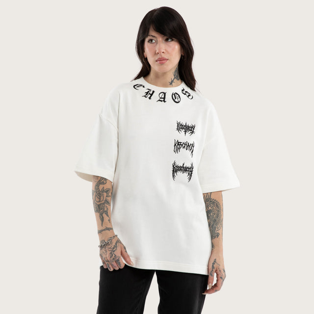 Model wears Cyber Cotton Loopback Box Fit Tee White T-Shirts in White - Image 2