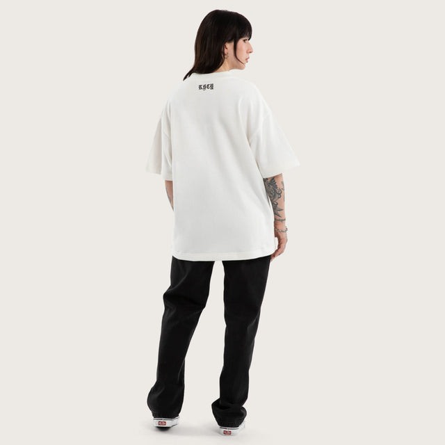 Model wears Cyber Cotton Loopback Box Fit Tee White T-Shirts in White - Image 5