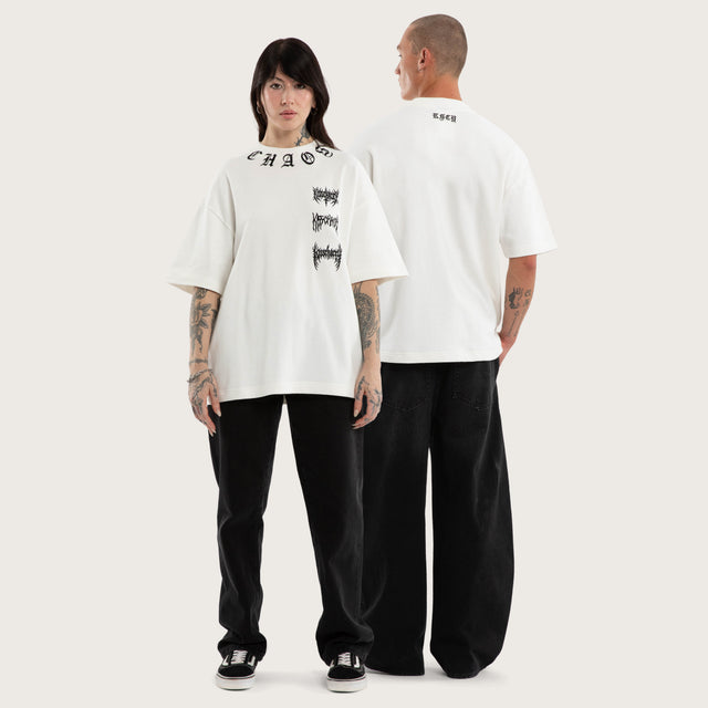 Model wears Cyber Cotton Loopback Box Fit Tee White T-Shirts in White - Image 4