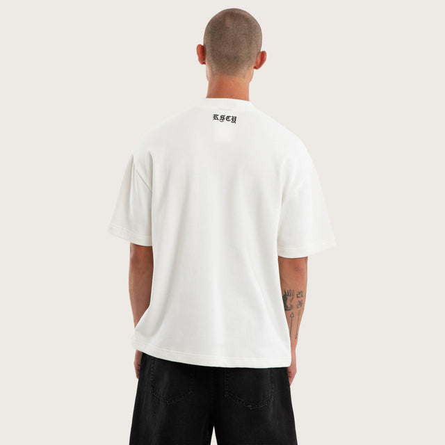 Model wears Cyber Cotton Loopback Box Fit Tee White T-Shirts in White - Image 3