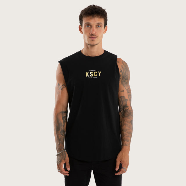 Model wears Blight Curved Hem Muscle Tee Black Muscle Tees in Black - Image 2