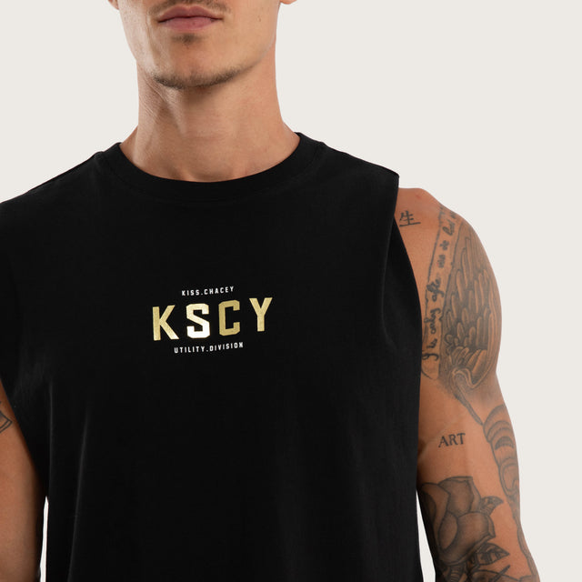 Model wears Blight Curved Hem Muscle Tee Black Muscle Tees in Black - Image 3
