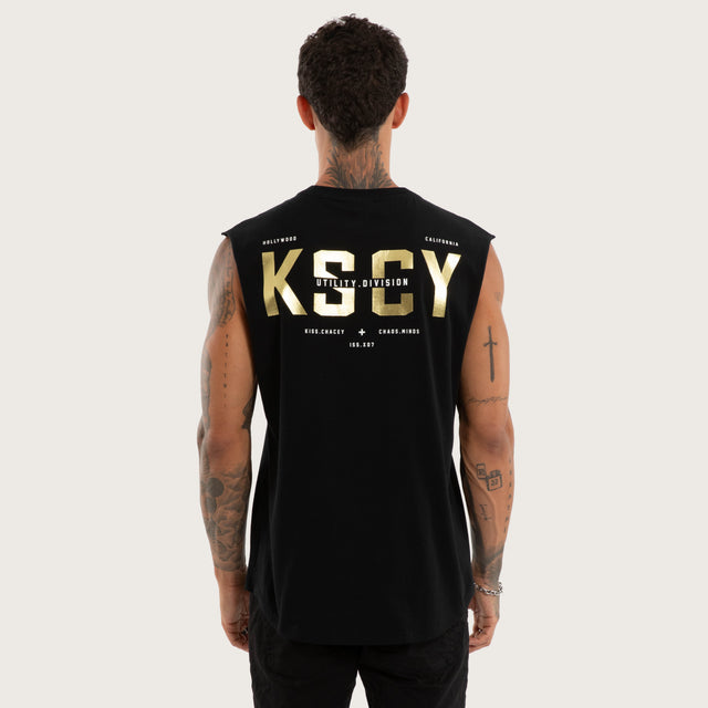 Model wears Blight Curved Hem Muscle Tee Black Muscle Tees in Black - Image 1