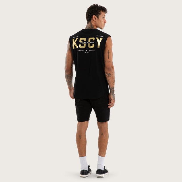 Model wears Blight Curved Hem Muscle Tee Black Muscle Tees in Black - Image 4