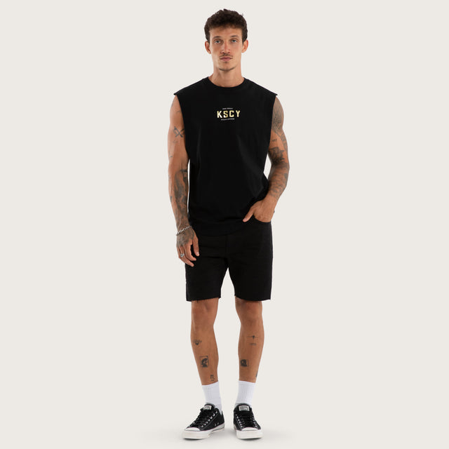 Model wears Blight Curved Hem Muscle Tee Black Muscle Tees in Black - Image 5