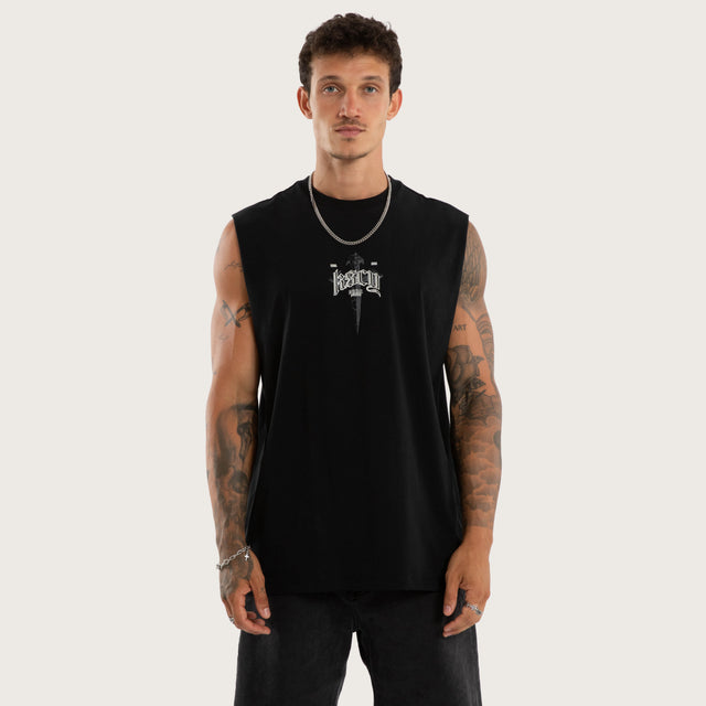 Model wears Shatter Relaxed Fit Muscle Tee Black Muscle Tees in Black - Image 2