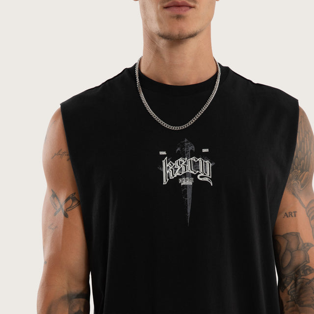 Model wears Shatter Relaxed Fit Muscle Tee Black Muscle Tees in Black - Image 3