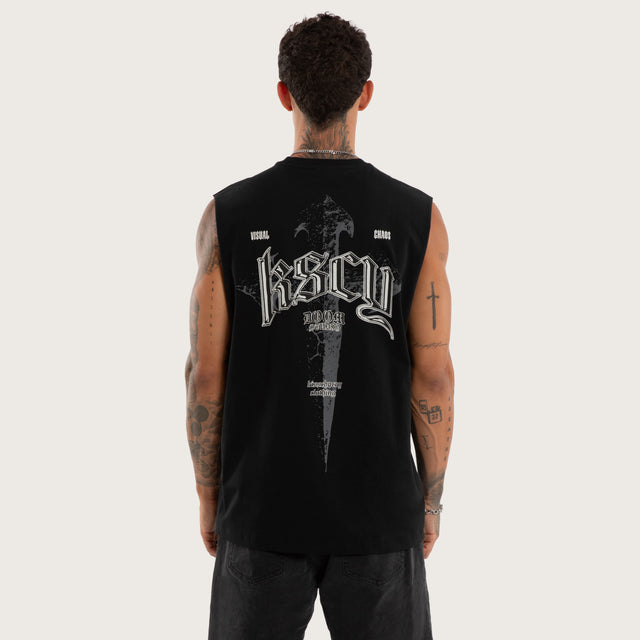 Model wears Shatter Relaxed Fit Muscle Tee Black Muscle Tees in Black - Image 1