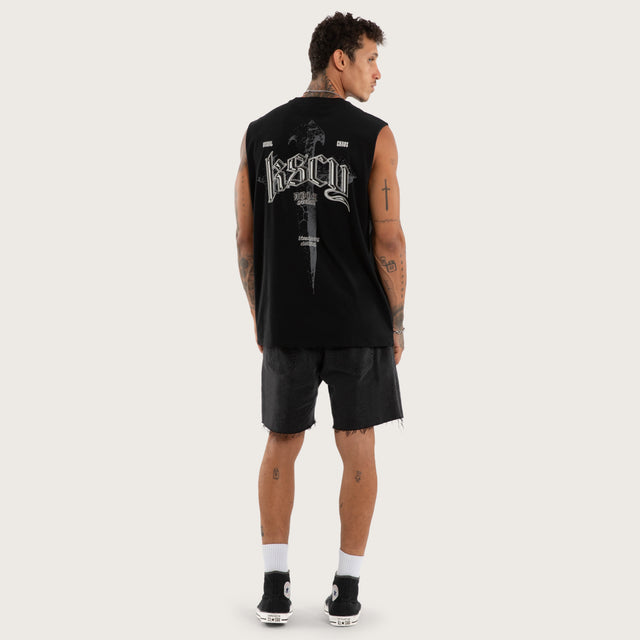 Model wears Shatter Relaxed Fit Muscle Tee Black Muscle Tees in Black - Image 4