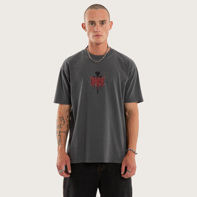 Model wears Hollow Box Fit Tee Grey T-Shirts in Grey - Image 2