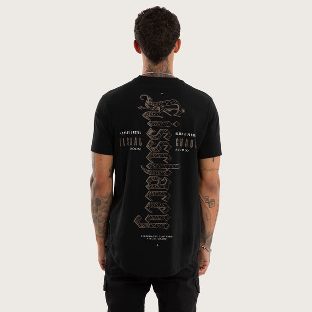 Model wears Recoil Curved Hem Tee Black T-Shirts in Black - Image 2