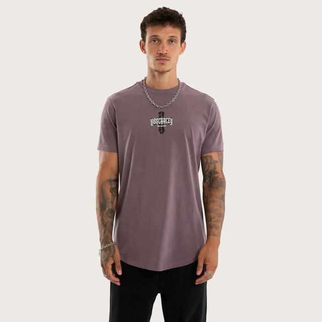 Model wears Arcane Curved Hem Tee Grey T-Shirts in Grey - Image 2