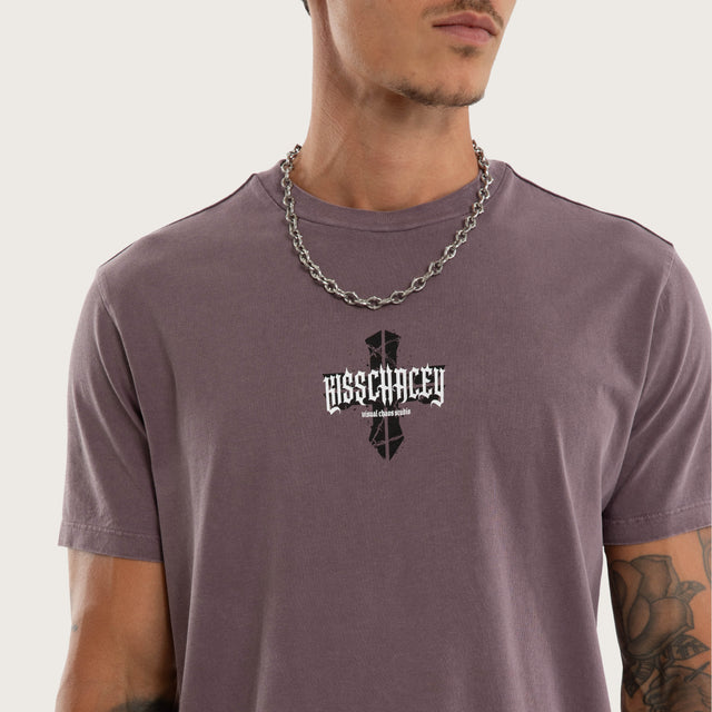 Model wears Arcane Curved Hem Tee Grey T-Shirts in Grey - Image 3
